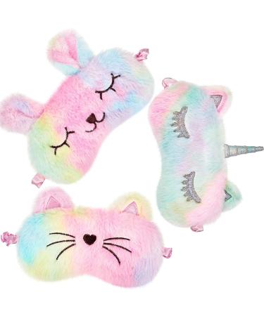 Plush Sleeping Eye Cover 3 Pieces Soft Funny Eye Blindfold Cat Sleep Eye Cover Animal Sleeping Eye Shade for Kids Girls and Adult Travel (Bunny, Cat and Unicorn Style, Rainbow Color) Rainbow Color 3 Count (Pack of 1)