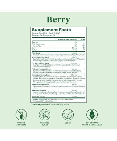 Bloom Nutrition Super Greens Powder Smoothie Mix - 15 Stick Packs with Probiotics & Digestive Enzymes - Organic Superfoods for Gut Health - Berry Flavor - Buy Online on GoSupps.com