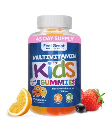 Feel Great Kids Multivitamin Gummies | Citrus & Strawberry Flavored Kids Gummies Multivitamins for Bone Muscle & Immune Support | Chewable Vegetarian Gummy Vitamins | 45 Day Supply 90 Gummies