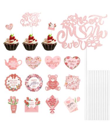 Happy Mother's Day Cake Topper 25Pack Mom Day Picks 1pcs Cake Topper & 24pcs Happy Mother's Day Cupcake Topper Cupcake Picks for Birthday Mother's Day Cake Party Decoration Supplies