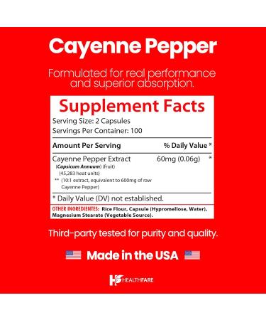 HealthFare Cayenne Pepper Capsules 600mg | 200 Vegan Pills | 45 000 Heat Units (HU) | Cardiovascular Circulation & Digestive Support | High Potency Herbal Extract | Non-GMO Gluten-Free | Made in USA - Buy Online on GoSupps.com