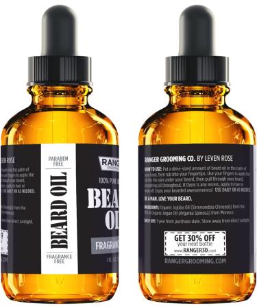 Ranger Grooming Co Fragrance-Free Beard Oil 1 oz - 100% Pure Natural Conditioner for Groomed Beards and Moisturized Skin - Buy Online on GoSupps.com