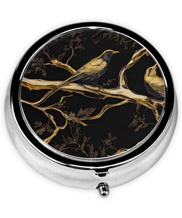 Black and Gold Marble Bird Printed Mini Round Pill Box | 3 Compartment Travel Pill Organizer | Portable Medicine Case for Home & Office - Buy Online on GoSupps.com