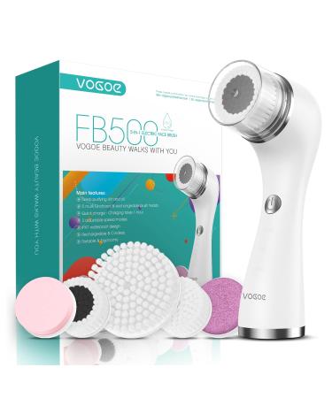 VOGOE Facial Cleansing Brush Rechargeable  Spin Face Wash Brush IPX7 Waterproof Electric Face Scrubber Exfoliator  3 Speeds & 5 Brushes for Cleansing and Exfoliating  White