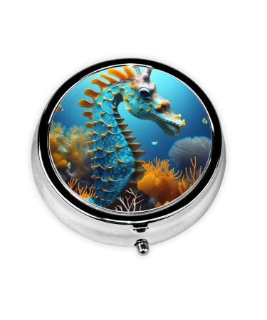 Blue Seahorseround Pill Box 3 Compartment Round Pill Box Organizer # Portable Travel Pill Box for Traveling.