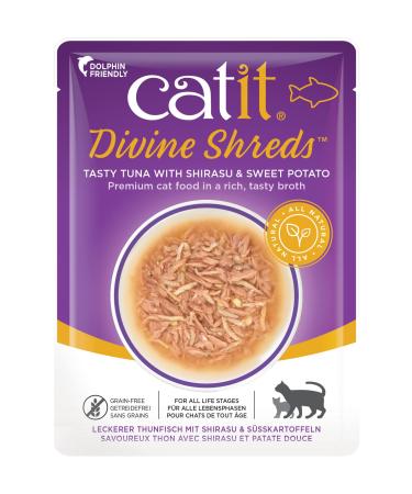 Catit Divine Shreds Wet Cat Food Toppers Tuna with Shirasu & Sweet Potato 75 g Pack of 18 Retail Units