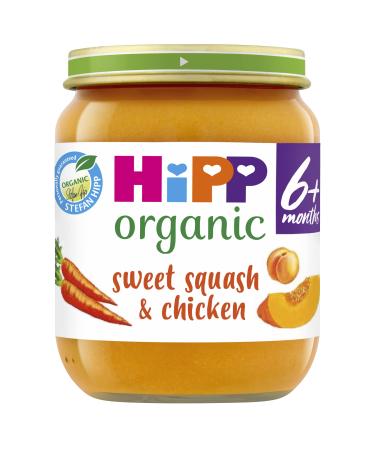 HiPP Organic Stage 1 From 4 Months Sweet Squash and Chicken 6 x 125 g (Pack of 2 Total 12 Pots)