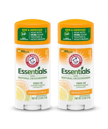 ARM & HAMMER Essentials Deodorant- Orange Citrus- Solid Oval - Made with Natural Deodorizers- Free From Aluminum, Parabens & Phthalates, 2.5 oz (Pack of 2) 2.5 Ounce (Pack of 2)