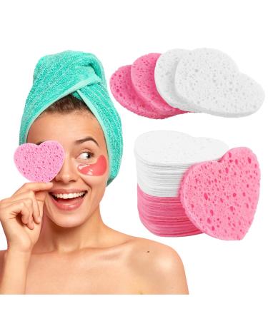 60 pieces compressed facial sponges for beautician Heart-shaped facial sponges for cleaning and peeling heart-face peeling sponge for washing the face of the Esponja Facial | pink+white heart-shaped | pink+white