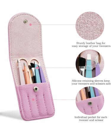 6-Piece Professional Stainless Steel Tweezers Set with Leather Case - Slanted and Pointed for Eyebrows, Facial Hair, Ingrown Hair, Blackheads - Women and Men - Colorful - Buy Online on GoSupps.com