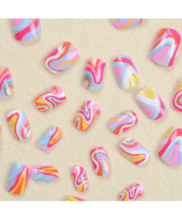 Vezocim Press on Nails - 24PCS Glossy Short Coffin Nails with Colorful Wavy Line Designs | Extra Short Acrylic Fake Nails for Women - Buy Online on GoSupps.com