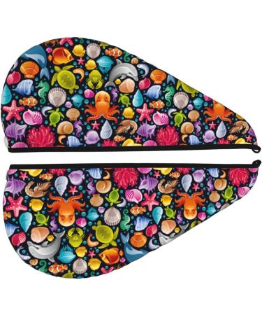 Quick-Dry Hair Towel Wrap for Fast Drying - Button Closure Towel Turban with Underwater Diving Animals Design - Buy Online on GoSupps.com
