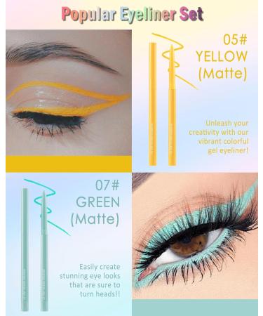 Yellow & Green Gel Eyeliner 2 Colors Eyeliner Crayon Pencil Waterproof Long Wear Smudge-Proof Retractable Eyeliner Pen Matte Cream Waterline Eyeliner Delineador De Ojos Eye Makeup for Festival(05+07) - Buy Online on GoSupps.com
