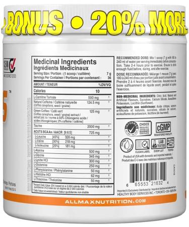 ALLMAX Nutrition - AMINOCUTS (A:CUTS) - Weight-Management BCAA (L-Carnitine + Taurine + Green Coffee) - Arctic Orange - Dye Free - 252 Gram - 36 Servings Arctic Orange 252 g (Pack of 1) - Buy Online on GoSupps.com