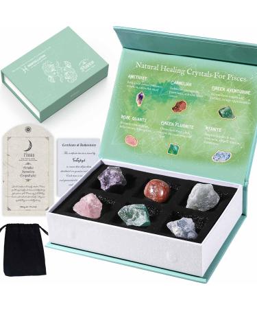 Faivykyd Pisces Birthday Gift for Healing Natural Spiritual Crystals with Horoscope Box Zodiac Birthstone Crystal Set Birthday Gifts for Women Men Friends Healing Crystal for Beginners