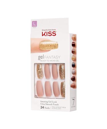 KISS Gel Fantasy Long Pink and Gold High Arch Nail Kit with 28 Fake Nails - Pack of 24 | Sculpted Gel Nails with Adhesive Tabs, Glue, Manicure Stick, and Mini File - Buy Online on GoSupps.com