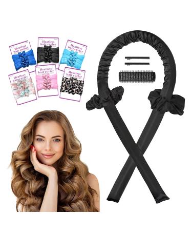 Heatless Curling Rod Headband  Overnight Hair Curlers No Heat Curl with Hair Clips  Heatless Curls to Sleep in Silk Ribbon Hair Rollers for Long Hair Styling Tools(Black)