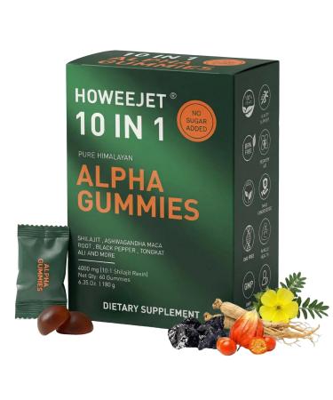 Himalayan Natural Shilajit Gummies for Men, 10-in-1 Alpha Gummies with 4000MG Pure Shilajit, Ashwagandha, Ginseng, Tongkat Ali & Maca Root, Sugar Free, Vegan, 60 Count