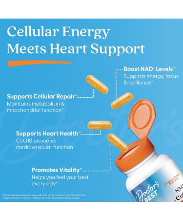 Doctor's Best NMN + CoQ10 Supplement for Women & Men - Supports NAD+ Production & Cellular Energy Beta Nicotinamide Mononucleotide 150 mg & Coenzyme Q10 50 mg per Capsule Vegan Non GMO- 60 Veg Caps - Buy Online on GoSupps.com