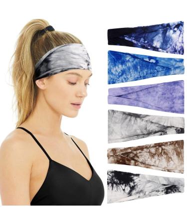 Huachi Headbands for Women Athletic Sweat Bands Tie Dye, Boho Head Bands for Workout Running Yoga Sports, Wide Turban Head Wrap for Thick Fine Hair Fashion Summer Hair Accessories, 6 Pack Headbands Color-4