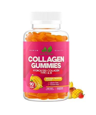 Collagen Gummies for Women & Men (90 Count) - Premium Hydrolyzed Collagen Type I & III for Hair Skin & Nails Support - Great Tasting Tropical Flavor Gluten-Free Non-GMO - 90 Gummies (45 Servings)
