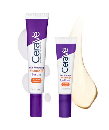 CeraVe Vitamin C Serum & Vitamin C Eye Cream Skin Care Set | Skin Brightening Serum with Hyaluronic Acid for Face & Under Eye Cream with Caffeine for Dark Circles and Puffiness Serum + Eye cream