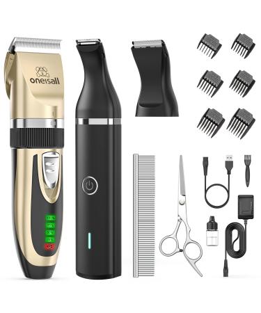 oneisall Dog Grooming Clippers and Dog Paw Trimmer Kit 2 in 1 Quiet Cordless Dog Clippers for Grooming Pet Hair Paws Trimmers for Small Dogs Cats Animals Gold & Black