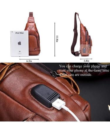 BULLCAPTAIN Genuine Leather Sling Backpack | USB Charging Port | Multi-pocket Chest Bag | Hiking Travel Daypack XB-129 Brown - Buy Online on GoSupps.com