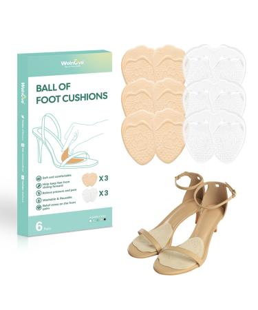 Welnove Ball of Foot Cushions (6 Pairs High Heel Comfort Pads) Metatarsal Pads Women Soft Gel Heel Inserts for Women Anti Slip Foot Pads for Metatarsalgia Foot Pain Relief and All-Day Comfort-Large Clear+white Large(6 Pairs)