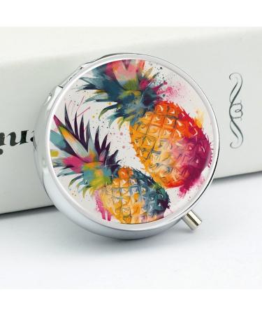 Round Pill Box - Tropical Fruit Watercolor Pineapple Print | 3 Compartment Portable Pill Organizer | Decorative Metal Medicine Case - Buy Online on GoSupps.com