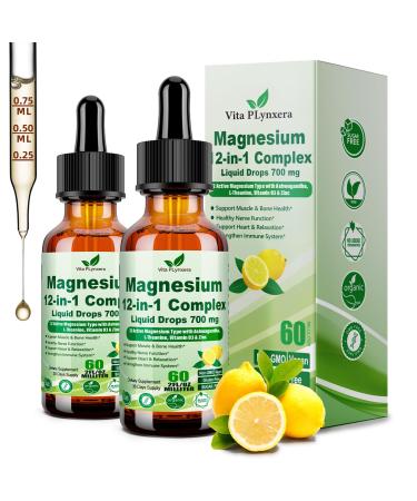 2 Pack 12-in-1 Magnesium Complex Liquid Drops Chelated Magnesium Citrate Glycinate Taurate Malate Aspartate w. Ashwagandha Theanine D3 & Zinc for Relaxation Sleep Immune Health & Muscle Function Lemon 2 Fl Oz (Pack of 2)