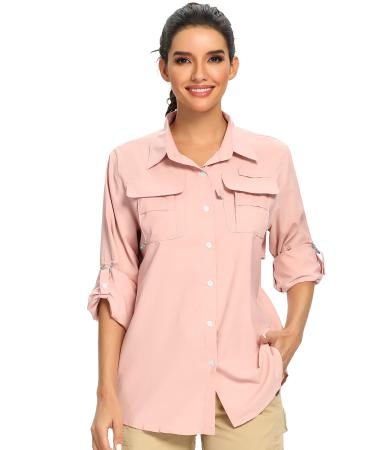 Women's UPF 50+ UV Sun Protection Safari Shirt, Long Sleeve Outdoor Cool Quick Dry Fishing Hiking Gardening Shirts 5055 Pink Medium