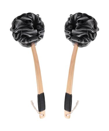 2pcs Back Scrubber Shower Pour Brush Bamboo Charcoal Loofah Sensitive Delicate Skin Body Scrub Sponge - 14.7 Wooden Waterproof Handle