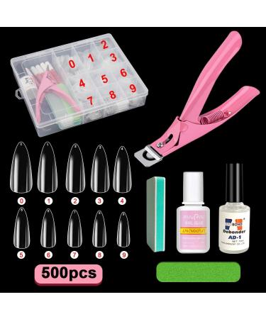 Acrylic False Nail Tips Kit, Screpreti 500 PCS Natural Full Cover Clear Fake Nails Tips with Nail Glue, Nail Clipper, Nail Glue Remover, Nail File, Sponge Polishing, Storage Case 500PCS