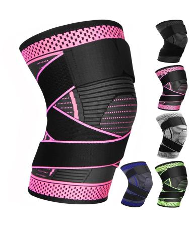 Ruilala Knee Support 1 Piece Knee Brace with Adjustable Velcro Compression Knee Bandage for Men Women for Arthritis ACL Meniscus Tear Sports Fitness Weightlifting Jogging (Rose Red L) L Rose Red