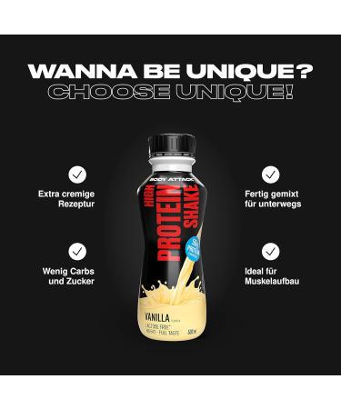 Body Attack Fitness Protein Shake - Milk Protein Drink - Ready to Use Milkshake in 500ml Bottle Vanilla (12 x 500ml) - Buy Online on GoSupps.com