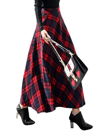 Sanahy Women's High Elastic Waist Plaid Winter Maxi Skirt - Red | Vintage Wool Midi Skirt with Pockets - Buy Online on GoSupps.com