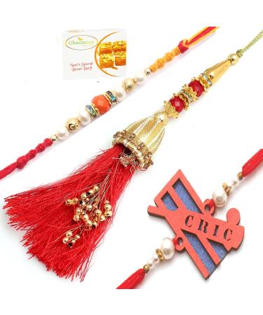 Ghasitaram Gifts Rakhi for Brother Rakhis Online - Set of 3 Ibiza Bhaiya Bhabhi Rakhi and Cricketer Kids Rakhi with 400 GMS of Besan Barfi