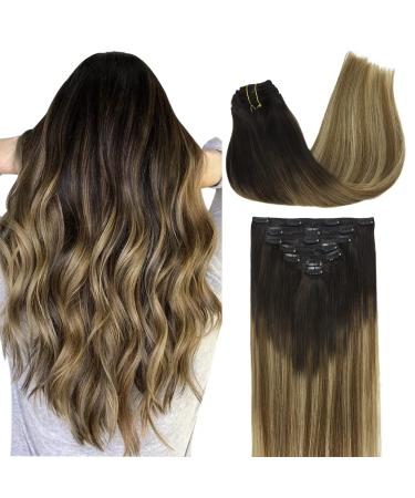 Doores real hair Extensions clip in dark brown to chestnut brown and dirty blonde highlights 40cm 16 inch 7 pieces 120g remy human clips in hair extension natural real hair extensions 40cm-12m-12m-12m-12m-12m-12m-12m-12/18 dark brown to chestnut brown and