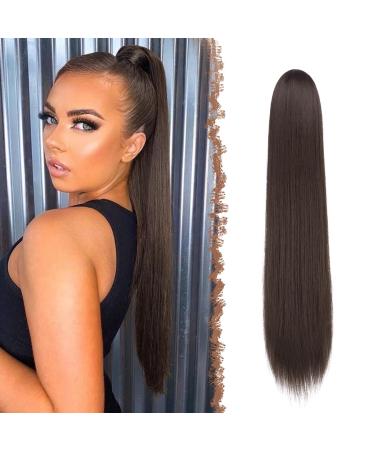 Fine horseplay extensions with cord strain long straight braid cord strip ponytail hair part smooth hair extensions synthetic drawstring ponytail extension for women 60 cm brown brown - cord strain -60 cm 60 cm (1 Pack)