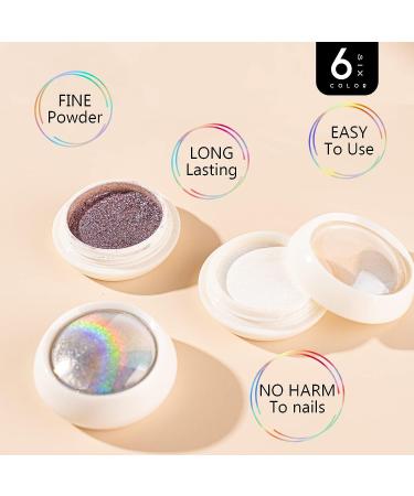 Pockcat 6 Colors Chrome Nail Powder Set for Glittery Metal Mirror Effect - 3D Holographic Ice Aurora Dust Nail Art Kit with Sponge Sticks - Buy Online on GoSupps.com