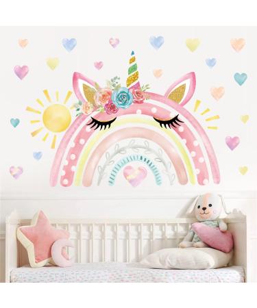 wondever Watercolor Large Rainbow Wall Stickers Unicorn Rainbow Hearts Sun Peel and Stick Wall Art Decals for Girls Bedroom Baby Nursery Kids Bedroom
