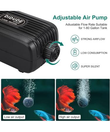 Didude Aquarium Air Pump - Ultra Quiet 20-40dB Adjustable Double Outputs with Check Valves for 3.8-300L Aquariums - Buy Online on GoSupps.com