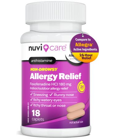 Fexofenadine 180mg 24 Hour - Fexofenadine Hydrochloride 180 mg Antihistamine for Allergy Relief Hives Runny Nose Itching Compare to Allegra 24 Hour Non Drowsy Allergy Medicine (18 Count)