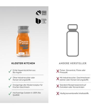 Kloster Kitchen Pack of 7 Organic Ginger Shots - 30ml - With real pieces of ginger - Vegan in a convenient glass bottle - Fruity and sweet with no additives and a touch of sweetness - Buy Online on GoSupps.com
