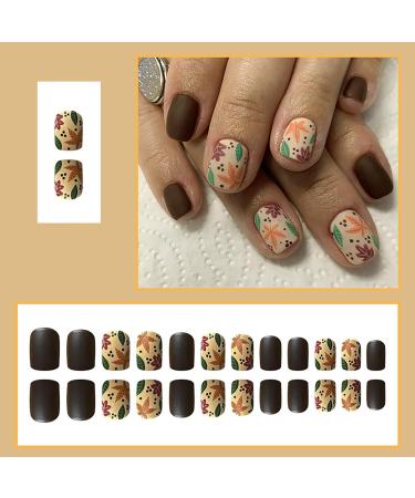 Thanksgiving Short Press on Nails - Brown Matte Acrylic False Nails with Maple Leaf Designs | 24 Pcs Extra Short Stick-on Nails for Women & Girls - Buy Online on GoSupps.com