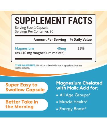 Surebounty Magnesium Malate - 410mg (45mg Elemental Magnesium) Morning MAG Regimen for Energy & Muscle - 90 Easy-to-Swallow Capsules - Buy Online on GoSupps.com