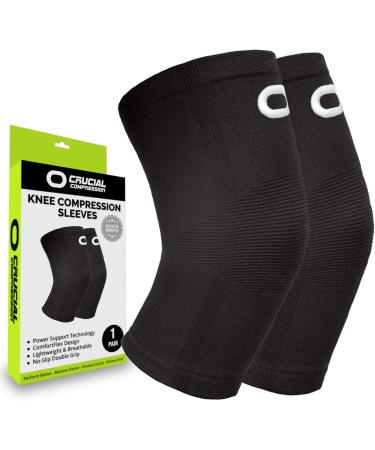 Crucial Compression Knee Sleeve (1 Pair) - Best Knee Braces for Knee Pain for Men & Women - Non-Slip Knee Support for Running, Weightlifting, Basketball, Gym, Workout, Sports Medium (18.0-20.0") Measure 3" Above Kneecap Black