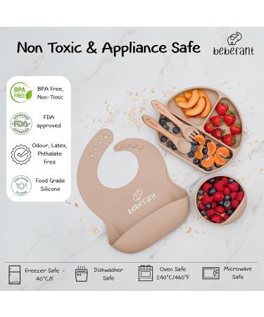 Bebefant Baby Weaning Set | Suction Bowl, Plate, Cup, Bib, Fork & Spoon | Baby Led Weaning Feeding Set - Neutral (Light Brown) - Buy Online on GoSupps.com