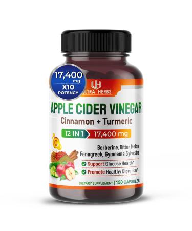 ULTRA HERBS Organic Apple Cider Vinegar Capsules 17 400mg with Cinnamon Turmeric - Best Supplement for Digestion Gluco Health Immune System *USA Made & Tested* (150 Count (Pack of 1))